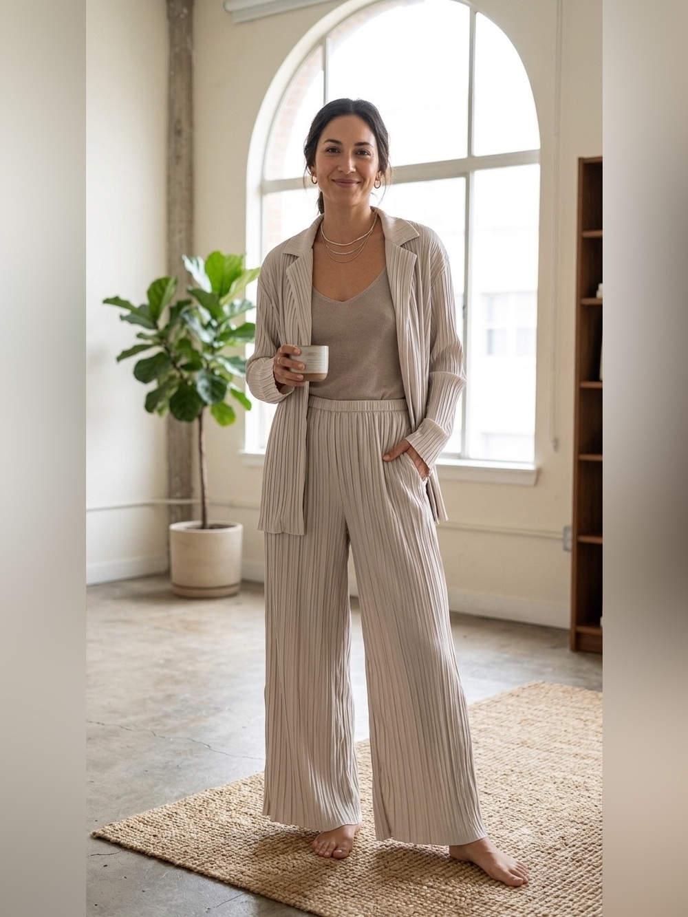 NWT Everlane Crinkle Wide Leg Pants Birch Pull On Pleated Trousers Size S